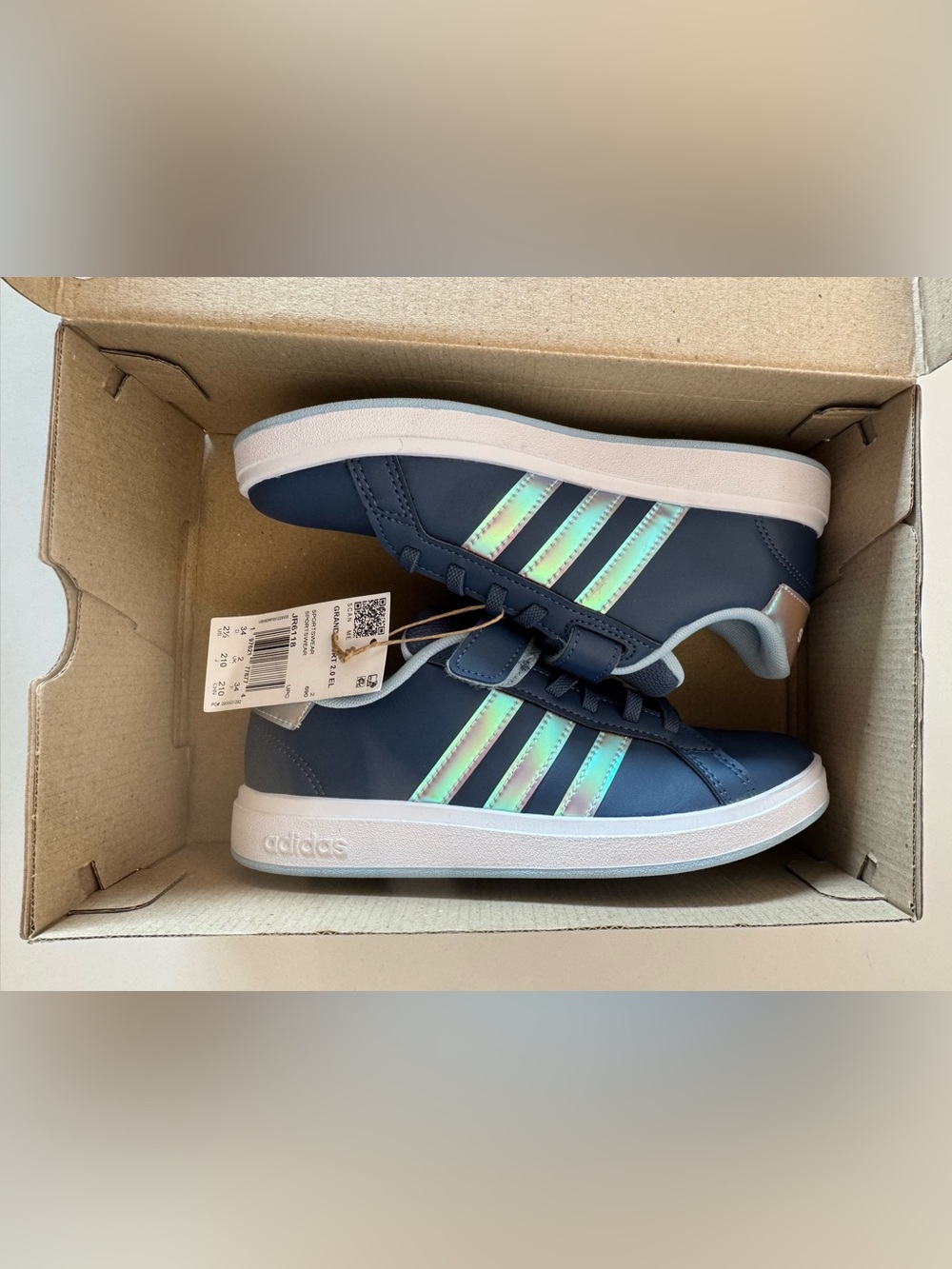*NEW IN BOX* Adidas Kids Blue Sneakers with Iridescent Stripes Grand Court 2.0